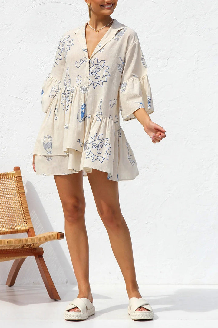 Printed Flares Sleeve Ruched Mini Dress Black · M