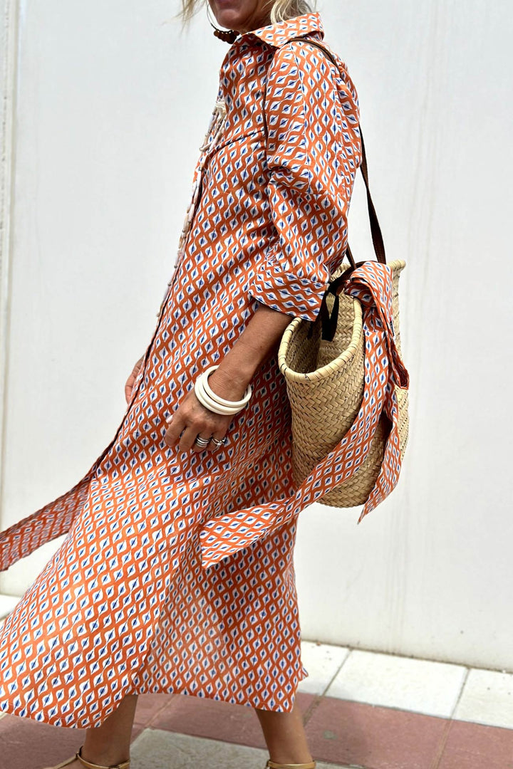 Printed Half Sleeve Shirt Dress Grey Rhombic · S