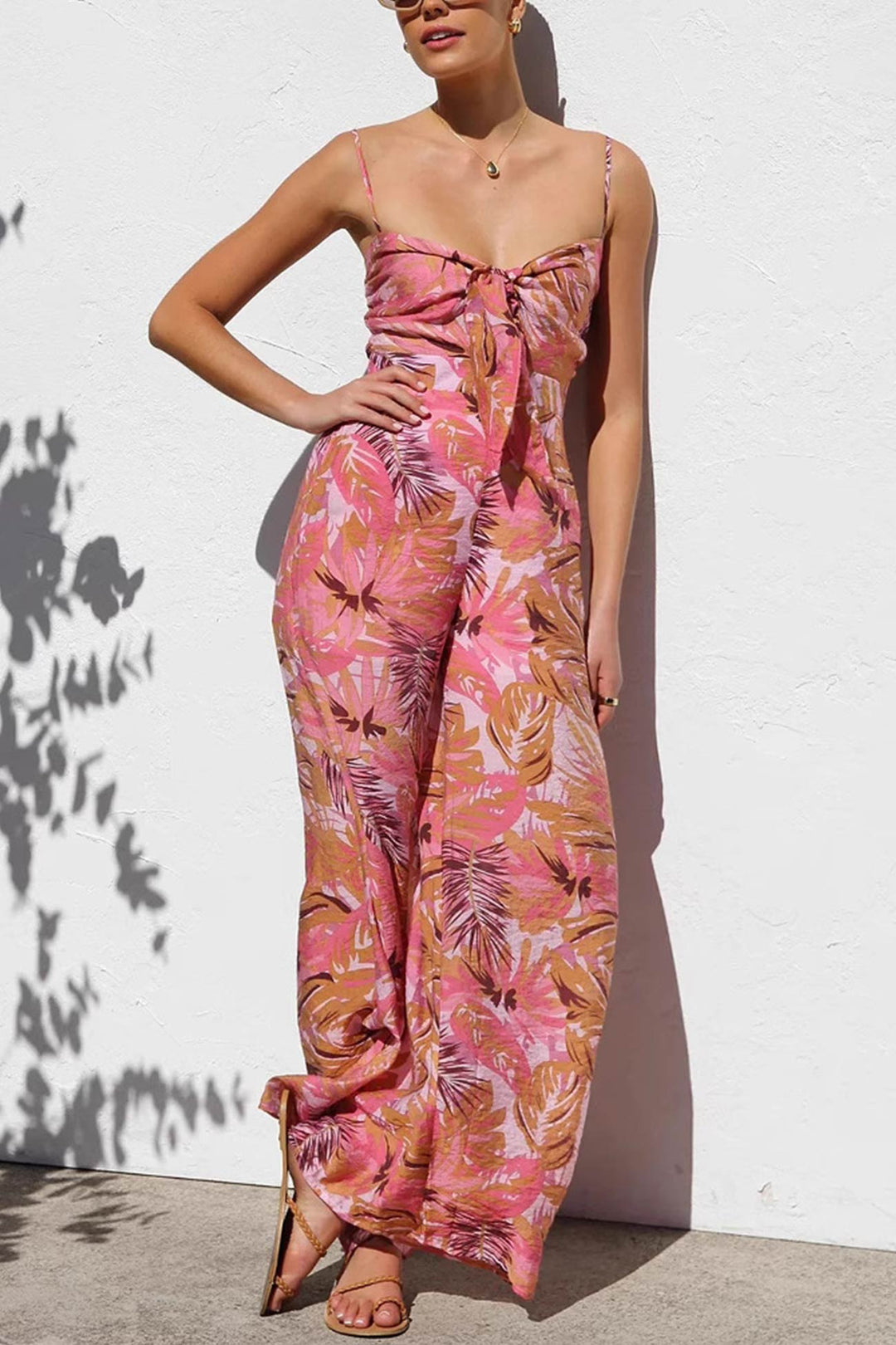 Printed Tie-up Cutout Cami Jumpsuits Red · XL