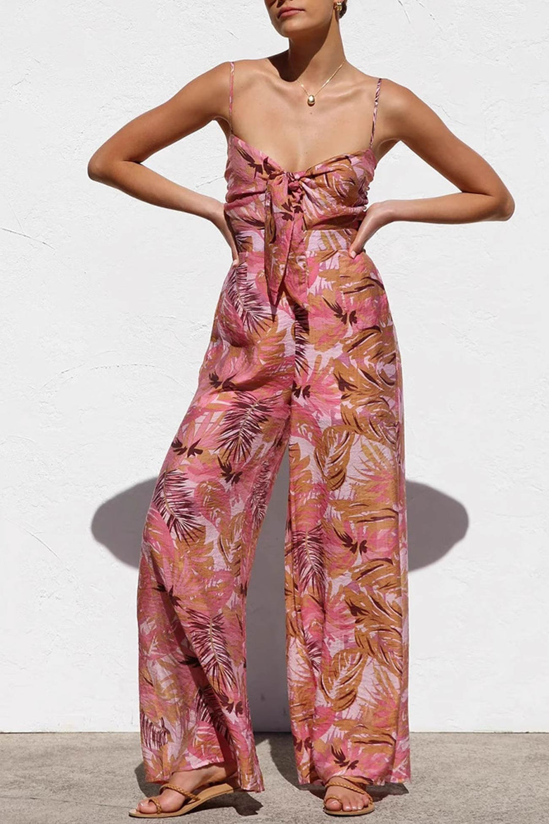 Printed Tie-up Cutout Cami Jumpsuits Red · M