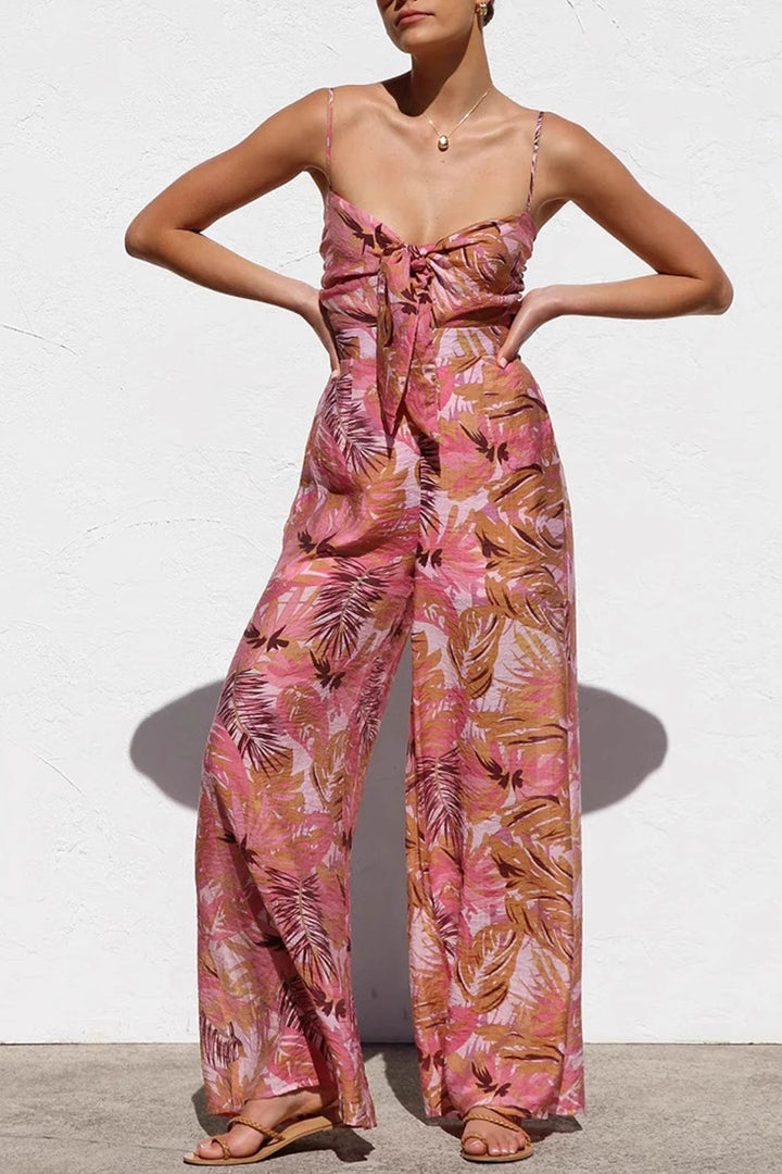 Printed Tie-up Cutout Cami Jumpsuits Red · M