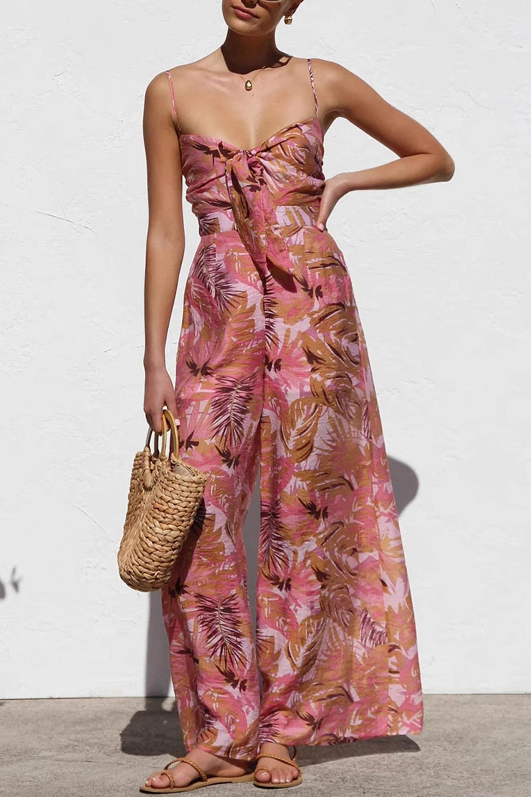 Printed Tie-up Cutout Cami Jumpsuits Red · S