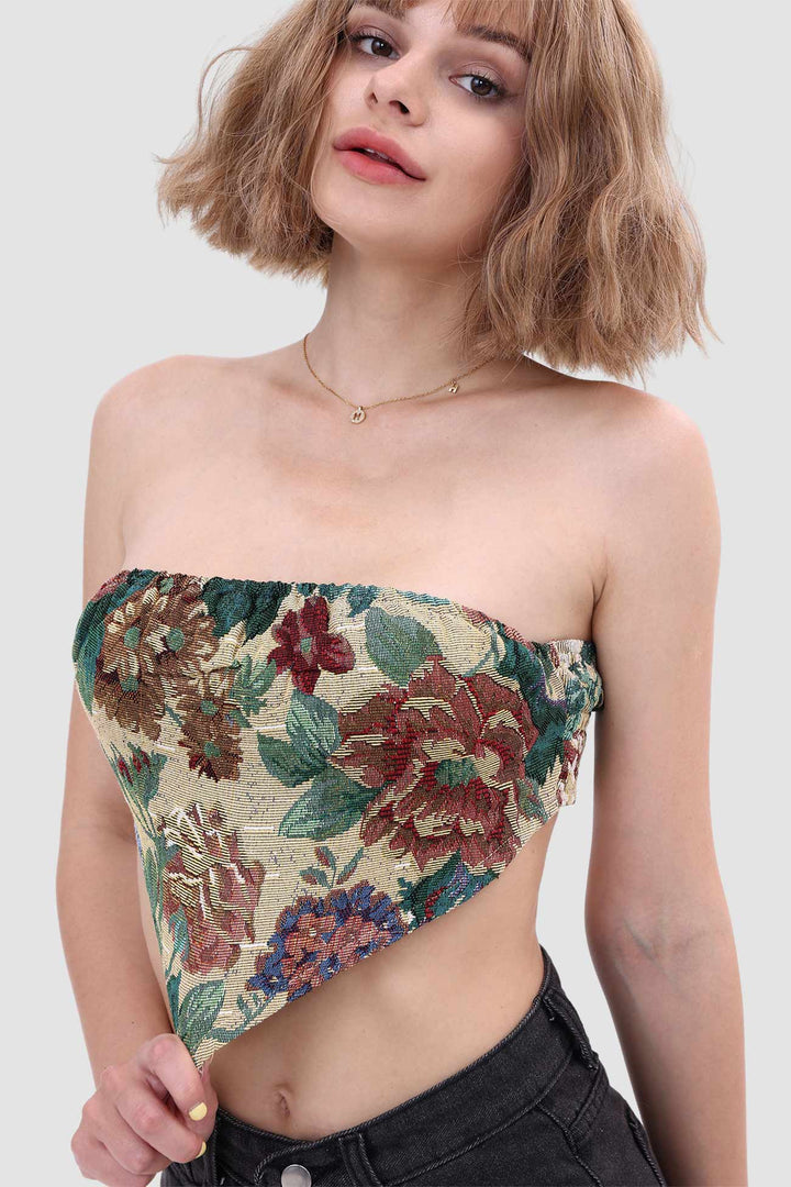 Printed Panelled Tube Top Apricot · S