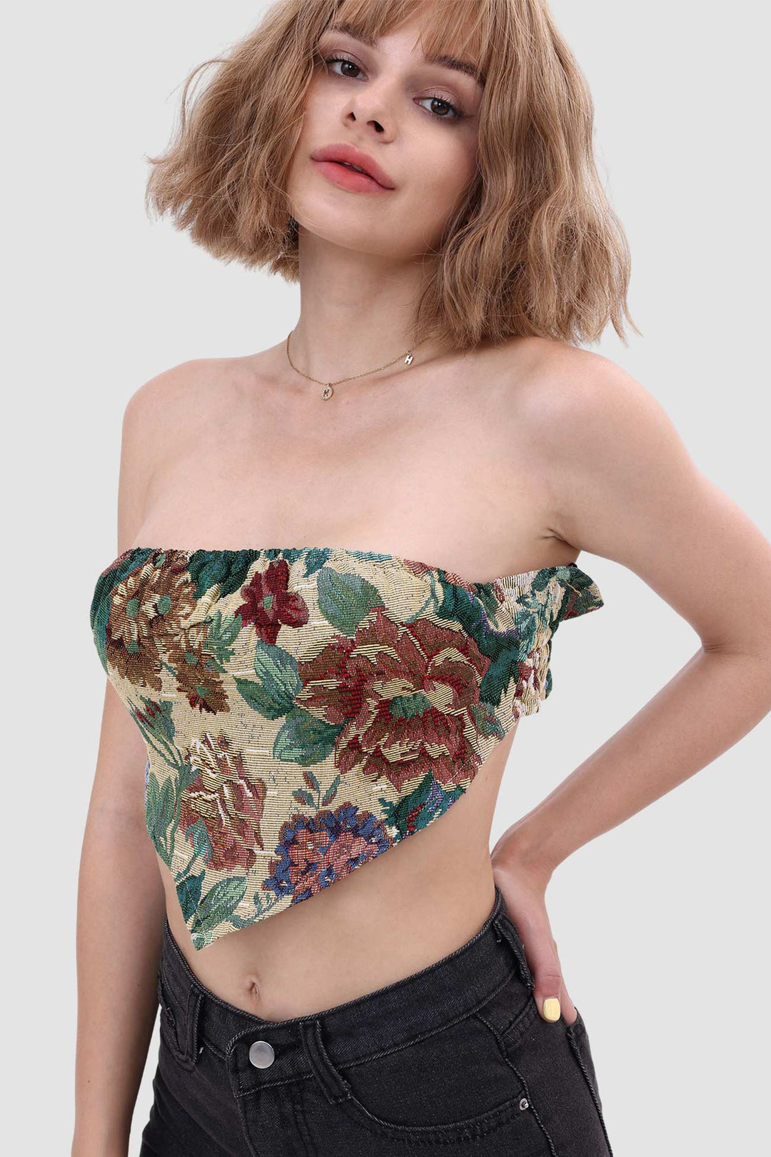 Printed Panelled Tube Top Apricot · M