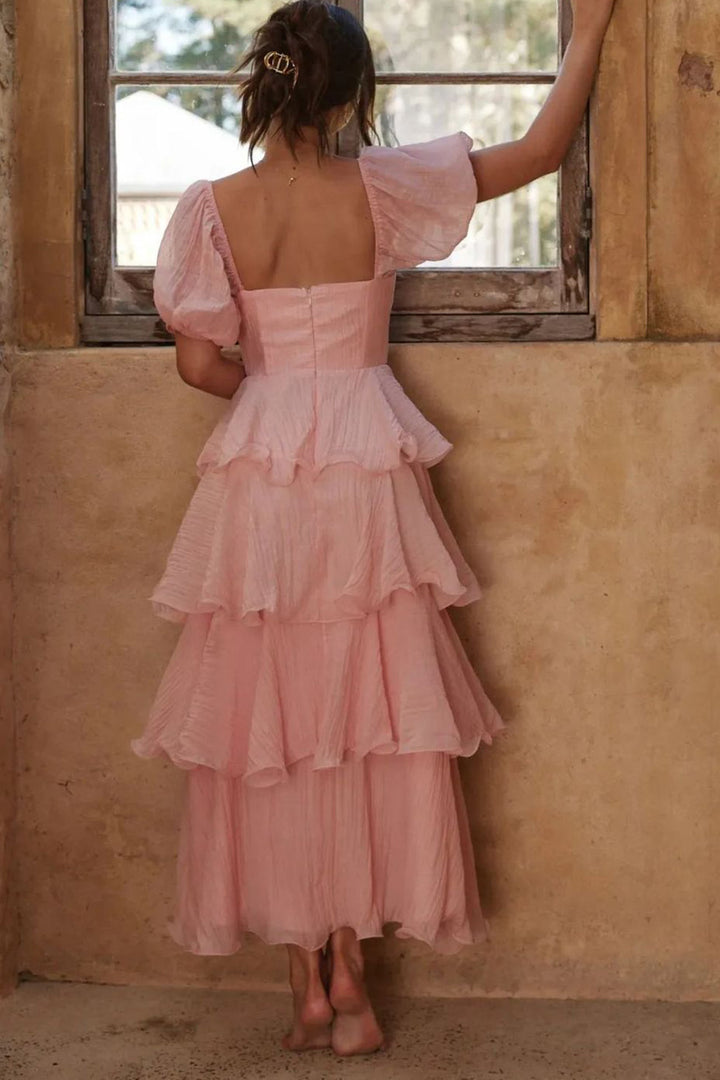 Puff Sleeve Backless Tiered Midi Dress Pink · XS