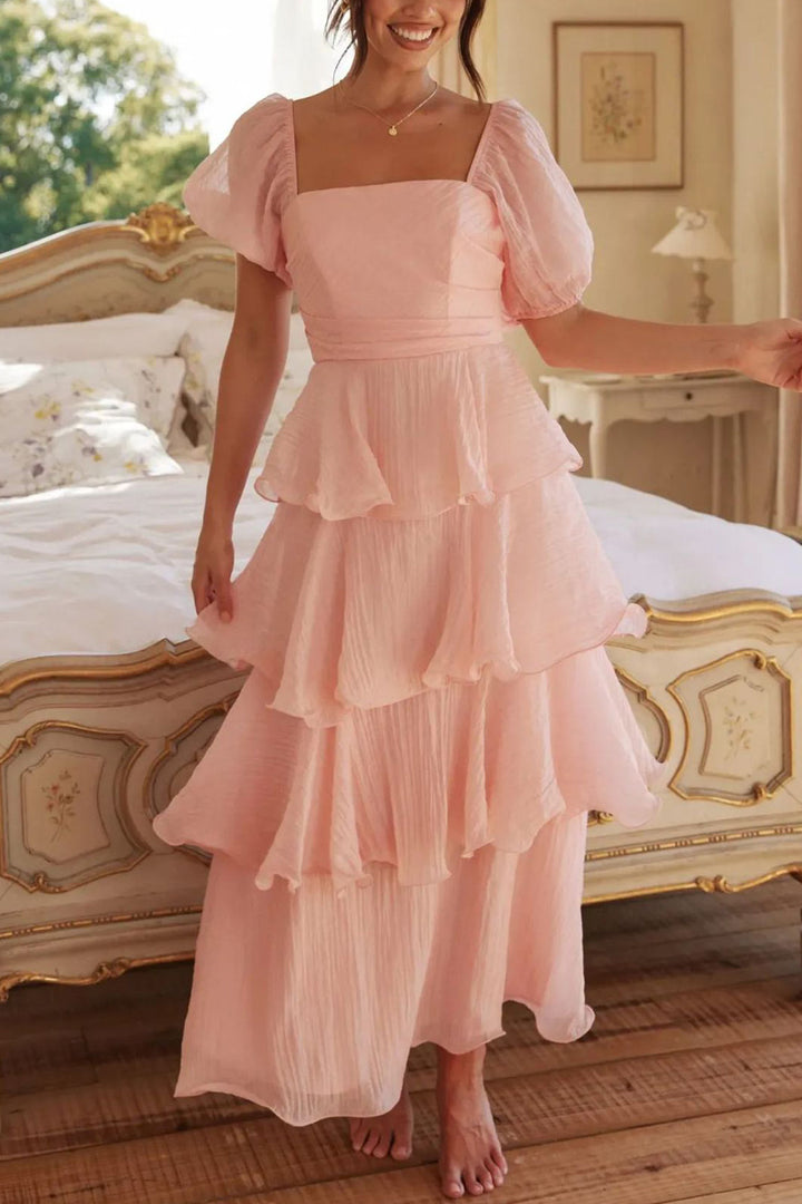 Puff Sleeve Backless Tiered Midi Dress Pink · M