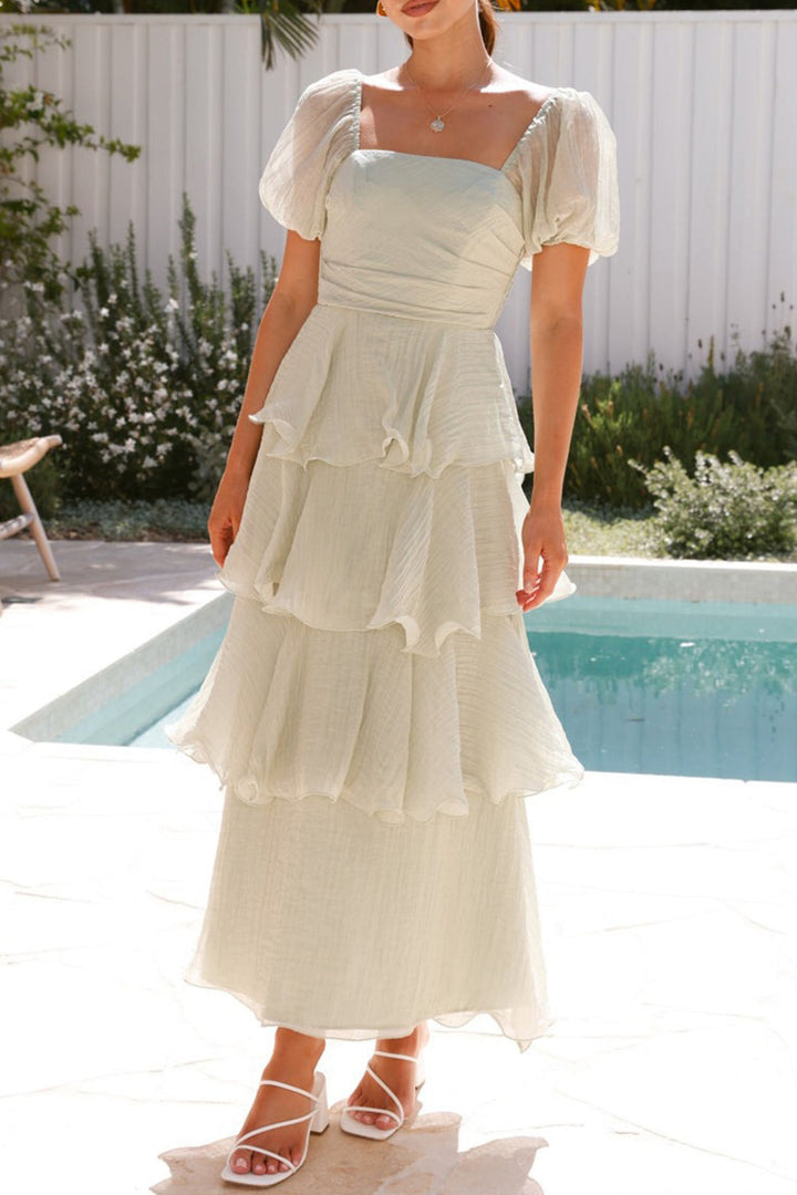 Puff Sleeve Backless Tiered Midi Dress Light Green · S