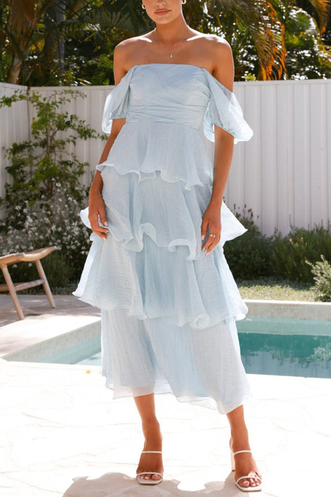 Puff Sleeve Backless Tiered Midi Dress Sky Blue · S