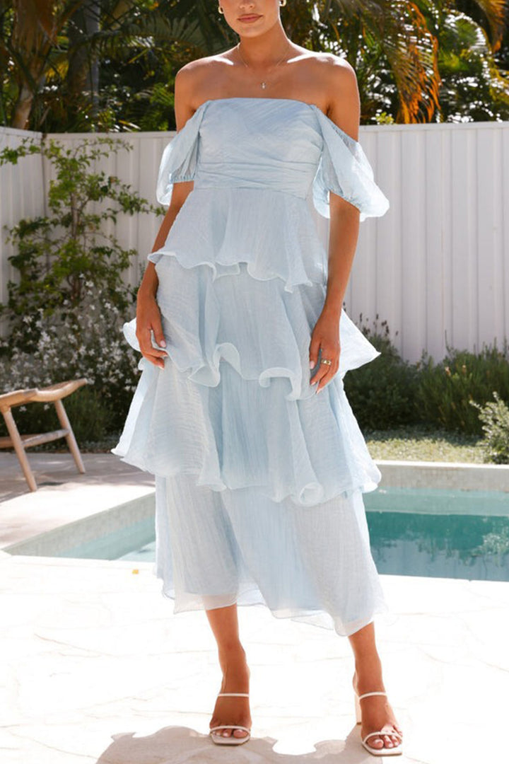Puff Sleeve Backless Tiered Midi Dress Sky Blue · S
