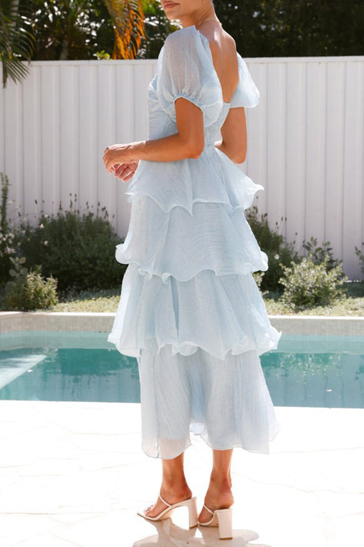 Puff Sleeve Backless Tiered Midi Dress Sky Blue · M