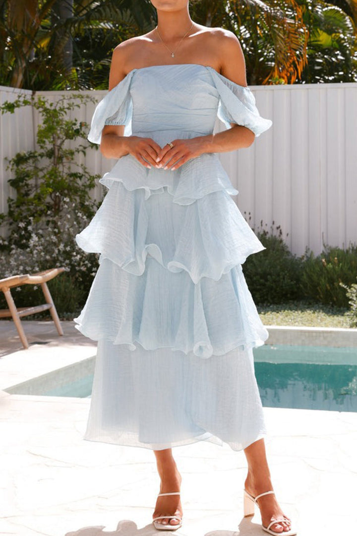 Puff Sleeve Backless Tiered Midi Dress Light Green · XS