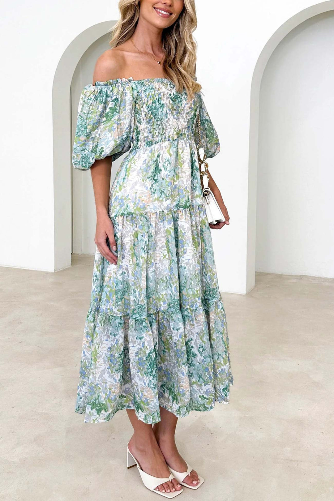 Puff Sleeve Printed Smocked Tiered Dress Green · S