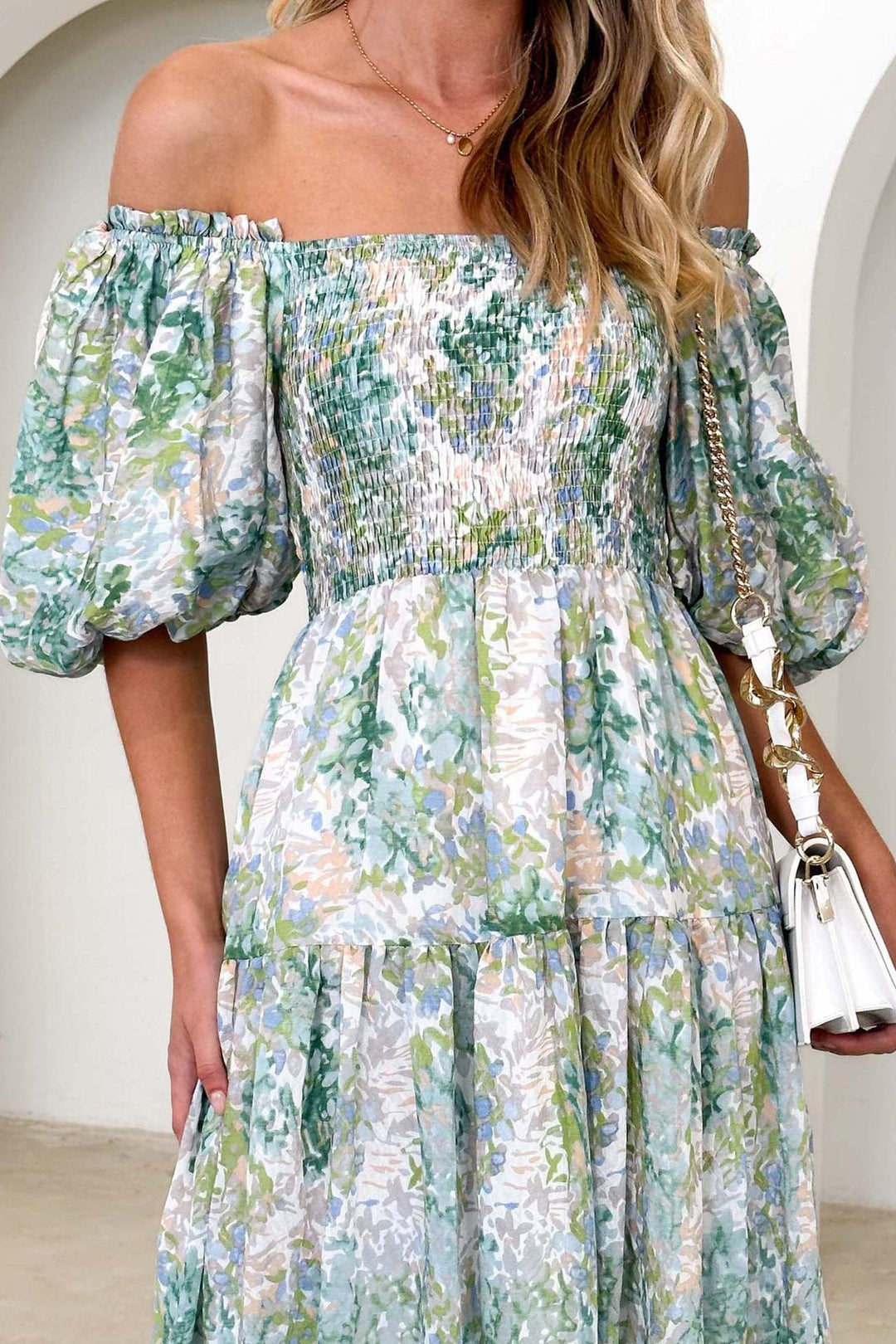 Puff Sleeve Printed Smocked Tiered Dress Green · M
