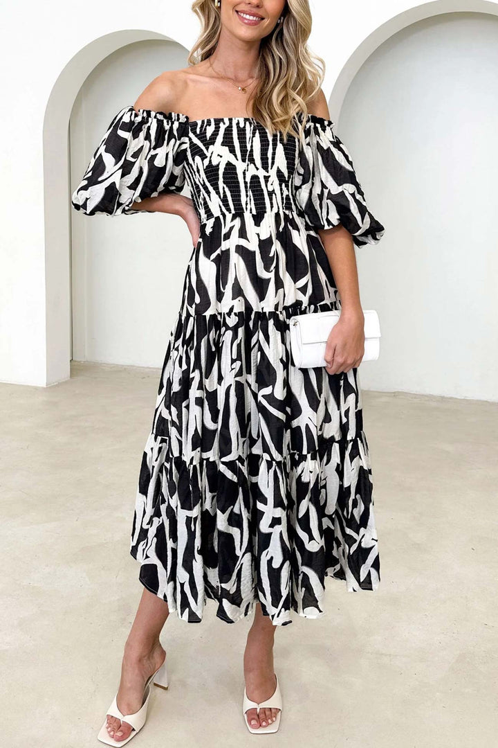Puff Sleeve Printed Smocked Tiered Dress Black · S