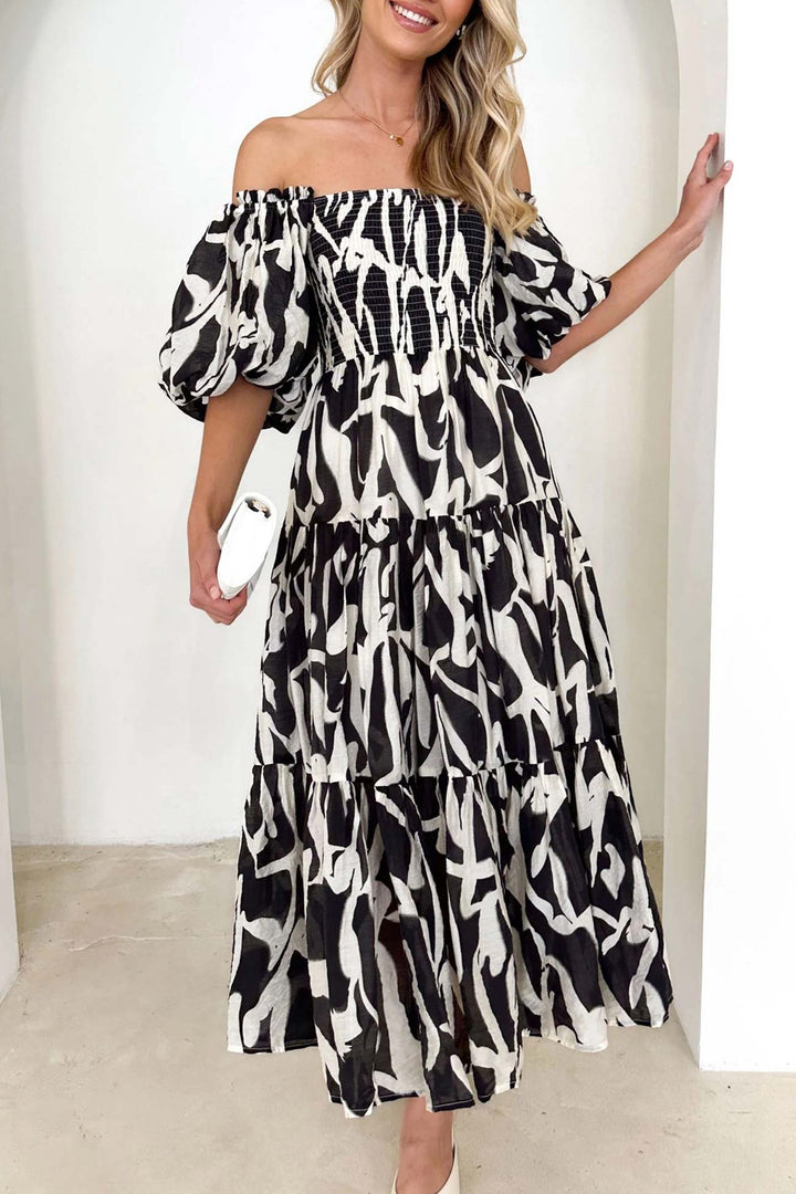 Puff Sleeve Printed Smocked Tiered Dress Rose · XL