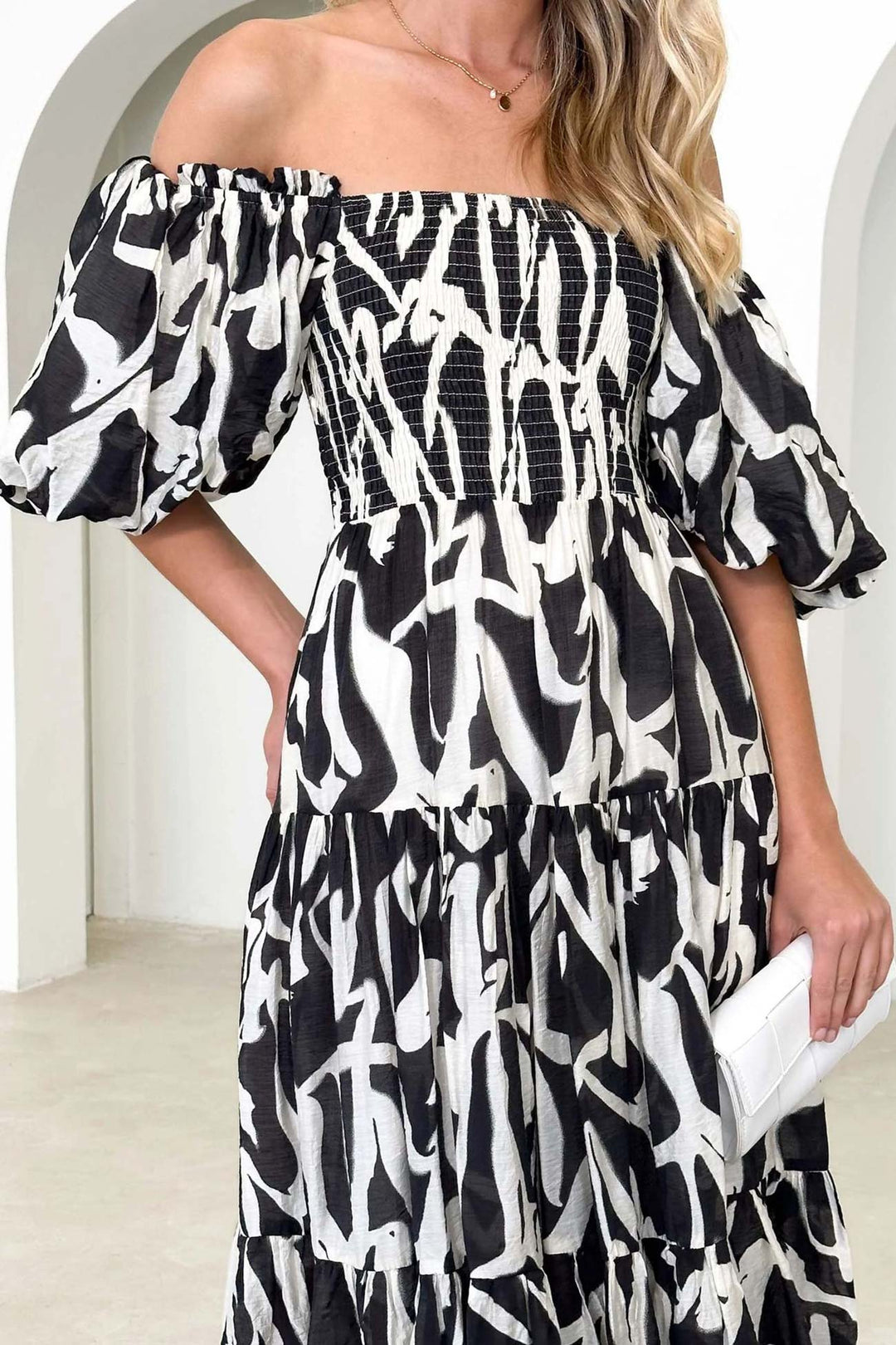 Puff Sleeve Printed Smocked Tiered Dress Black · M