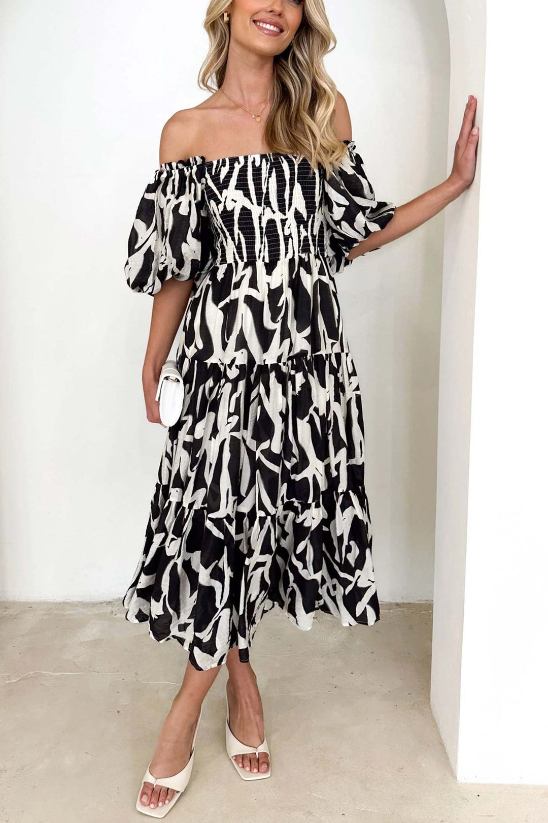 Puff Sleeve Printed Smocked Tiered Dress Black · L