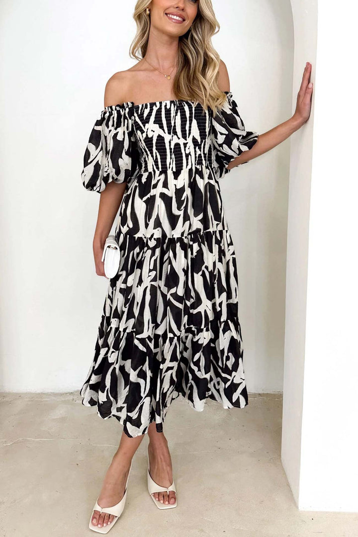 Puff Sleeve Printed Smocked Tiered Dress Black · L