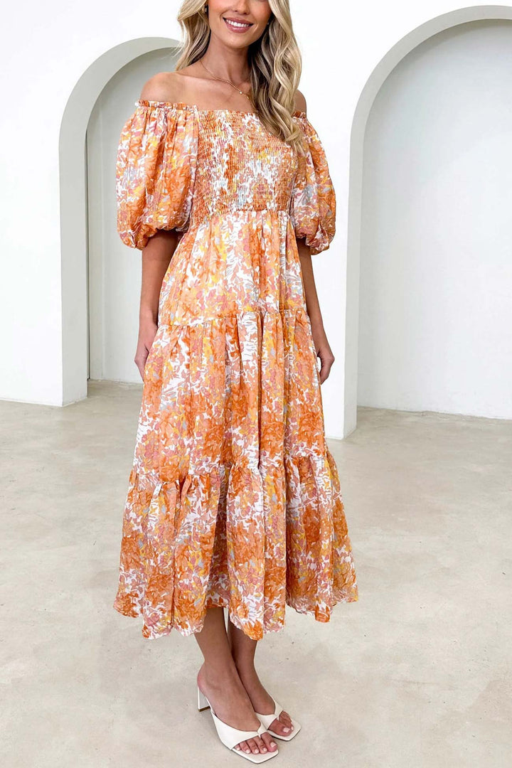 Puff Sleeve Printed Smocked Tiered Dress Orange · S