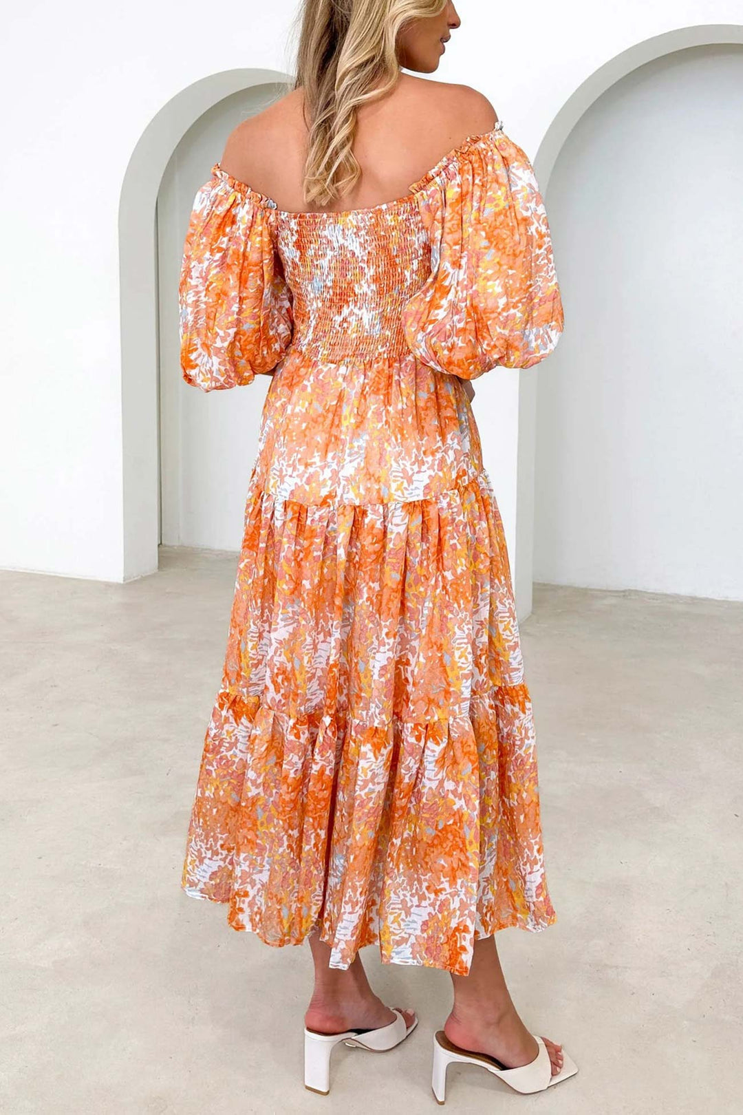 Puff Sleeve Printed Smocked Tiered Dress Orange · L
