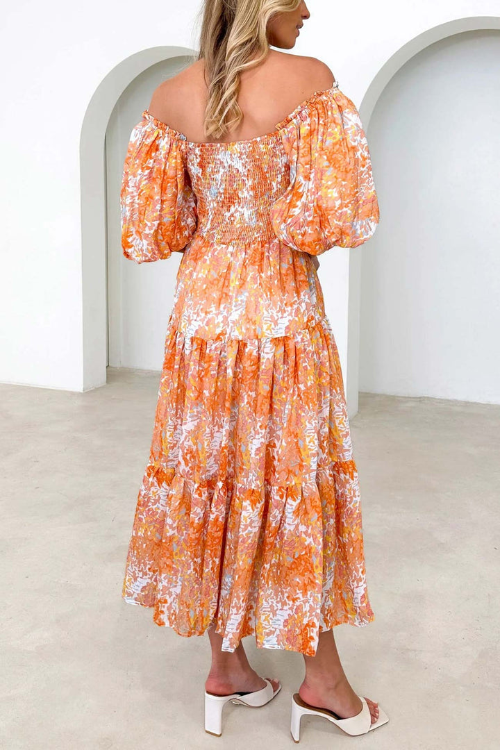 Puff Sleeve Printed Smocked Tiered Dress Orange · L