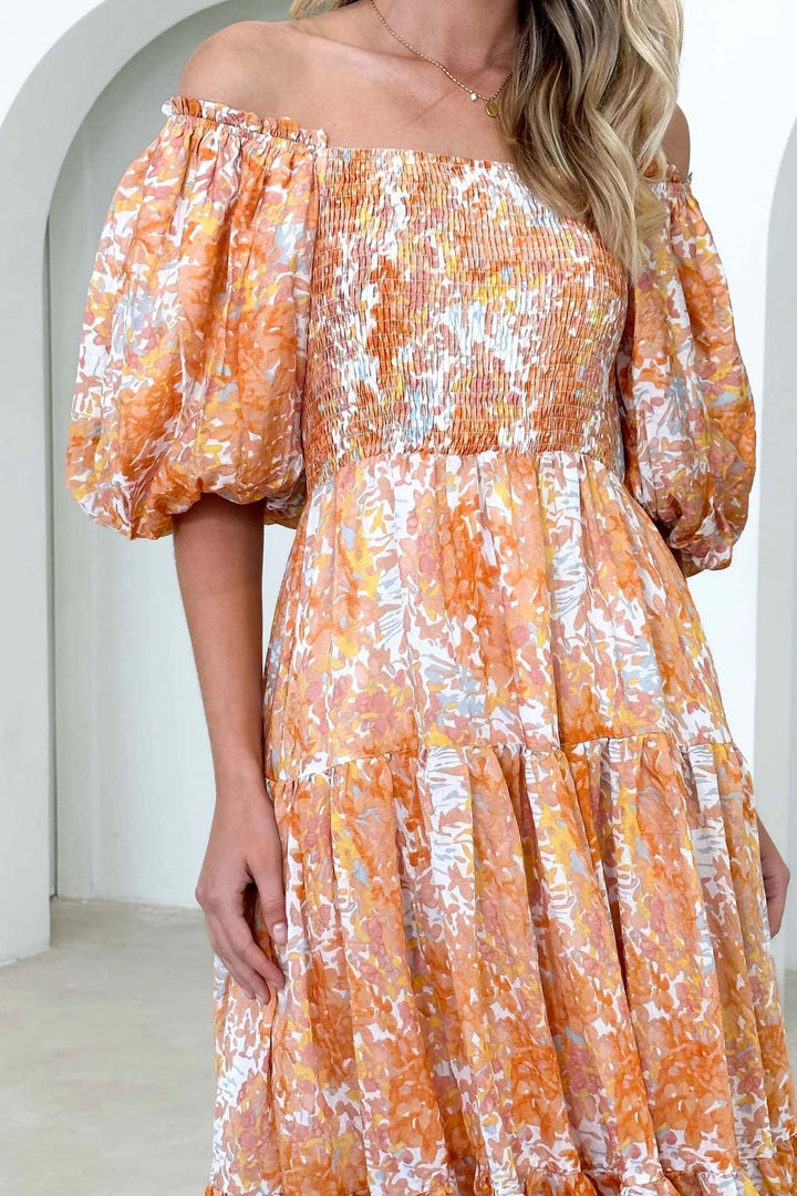 Puff Sleeve Printed Smocked Tiered Dress Orange · M