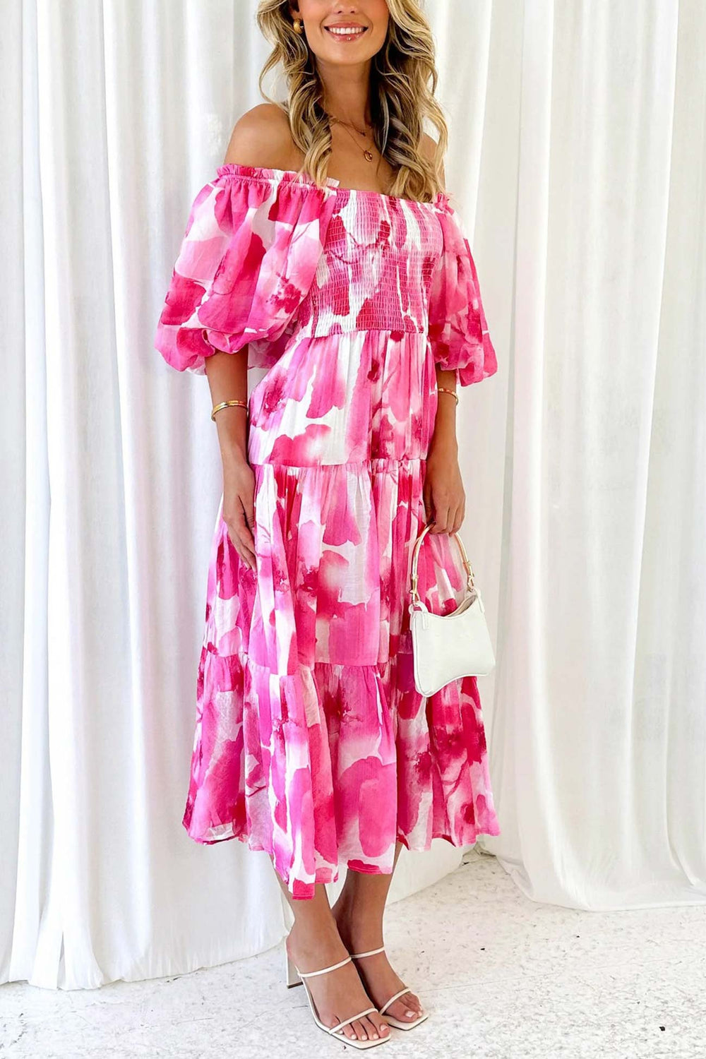 Puff Sleeve Printed Smocked Tiered Dress Rose · M