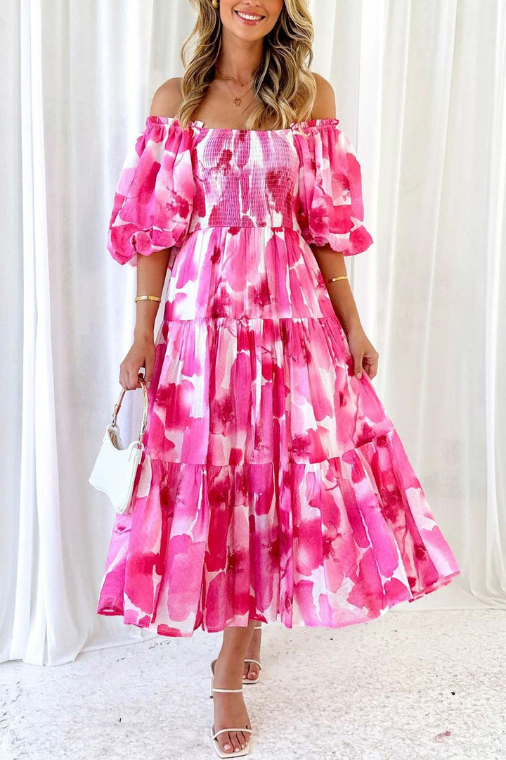 Puff Sleeve Printed Smocked Tiered Dress Rose · S