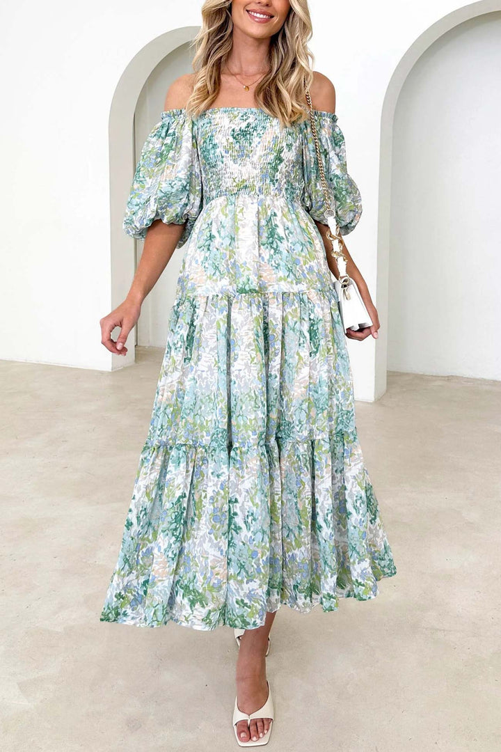 Puff Sleeve Printed Smocked Tiered Dress Black · XL