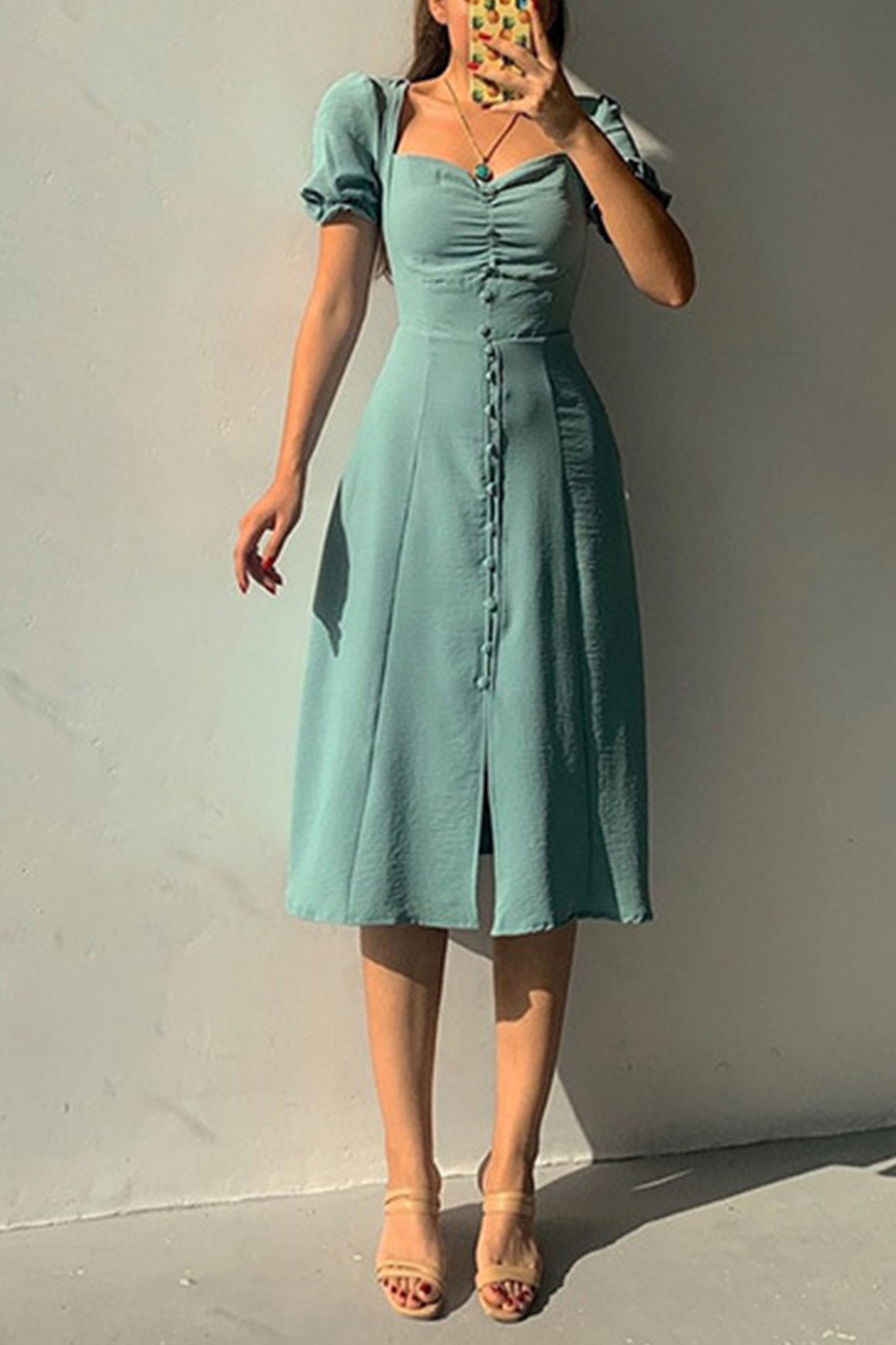 Puff Sleeve Single-breasted Midi Dress Light Blue · S