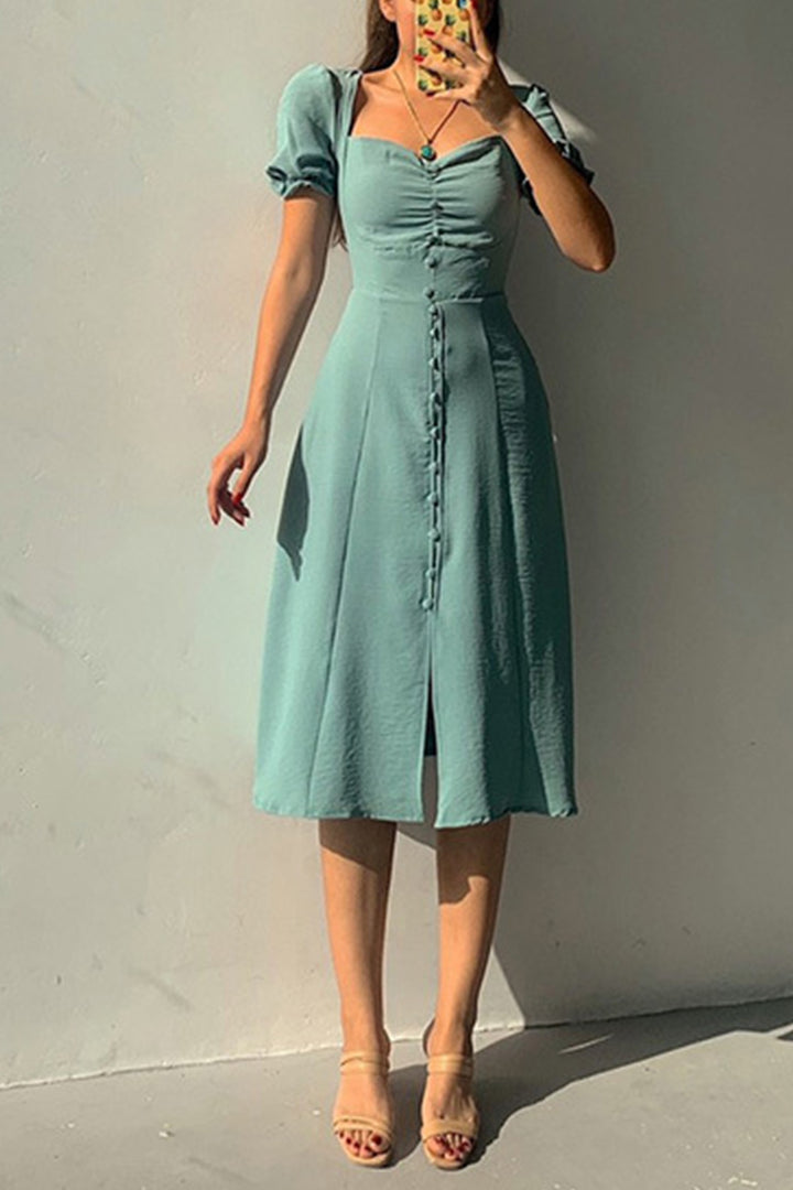 Puff Sleeve Single-breasted Midi Dress Light Blue · S