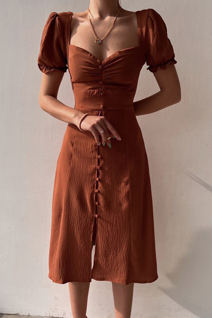 Puff Sleeve Single-breasted Midi Dress Green · S