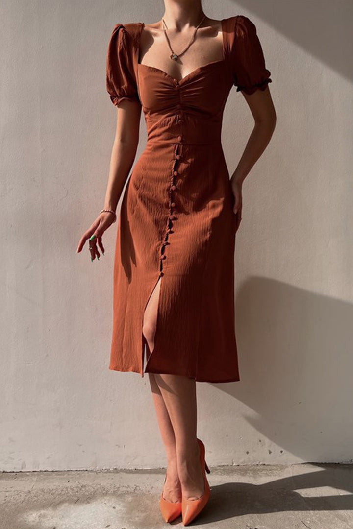 Puff Sleeve Single-breasted Midi Dress Green · L