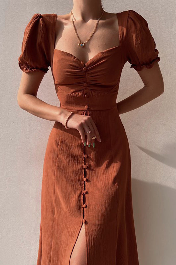 Puff Sleeve Single-breasted Midi Dress Green · M