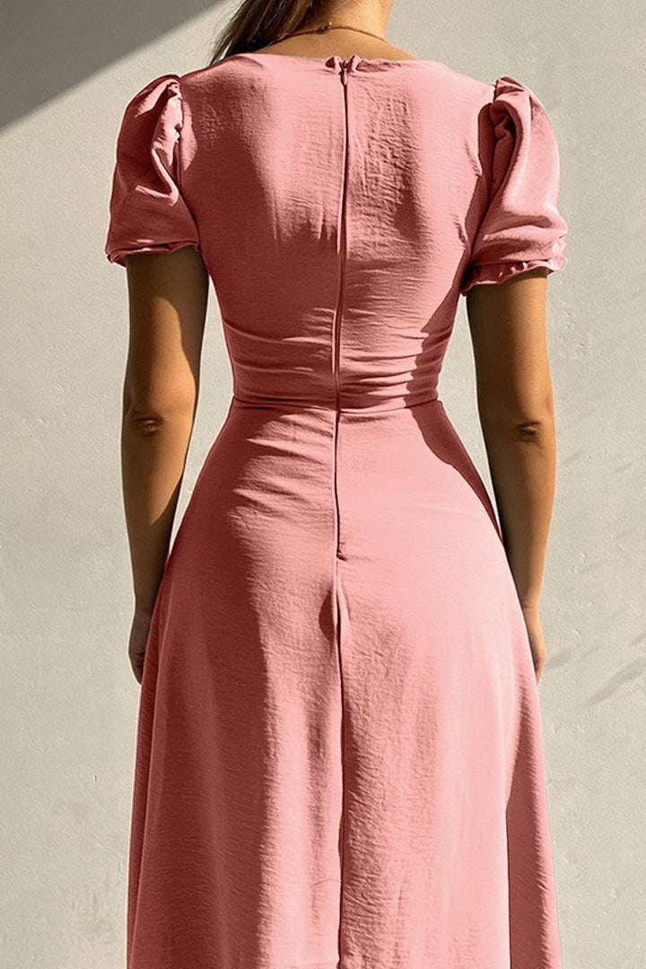 Puff Sleeve Single-breasted Midi Dress Pink · M
