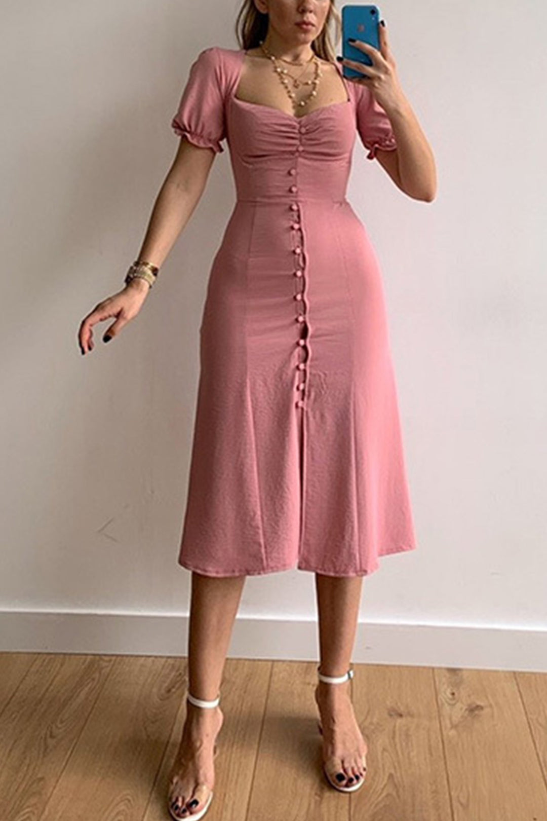 Puff Sleeve Single-breasted Midi Dress Pink · S
