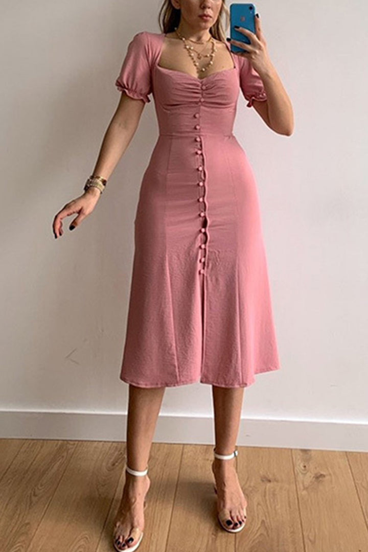 Puff Sleeve Single-breasted Midi Dress Pink · S