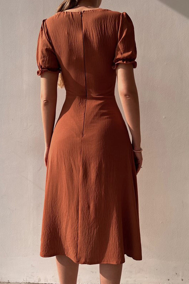 Puff Sleeve Single-breasted Midi Dress Red · S