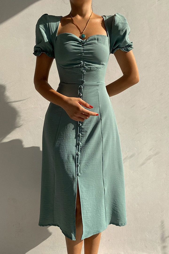 Puff Sleeve Single-breasted Midi Dress Light Blue · M