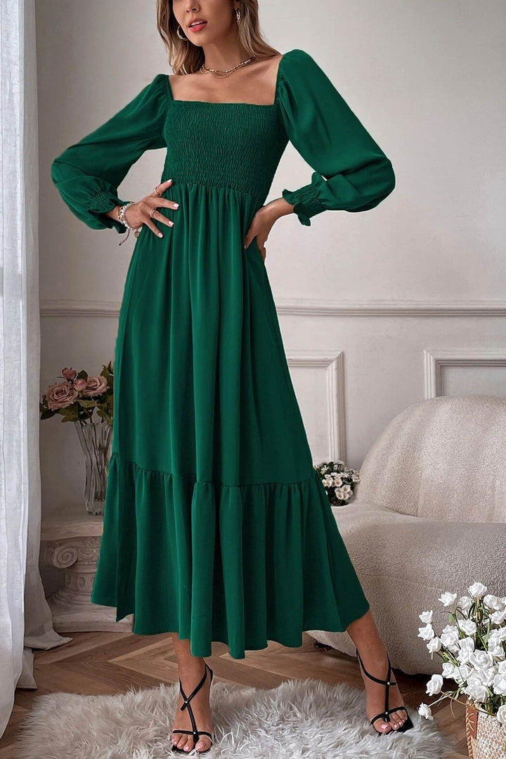 Puff Sleeve Smocked Ruffle Midi Dress Black · 3XL