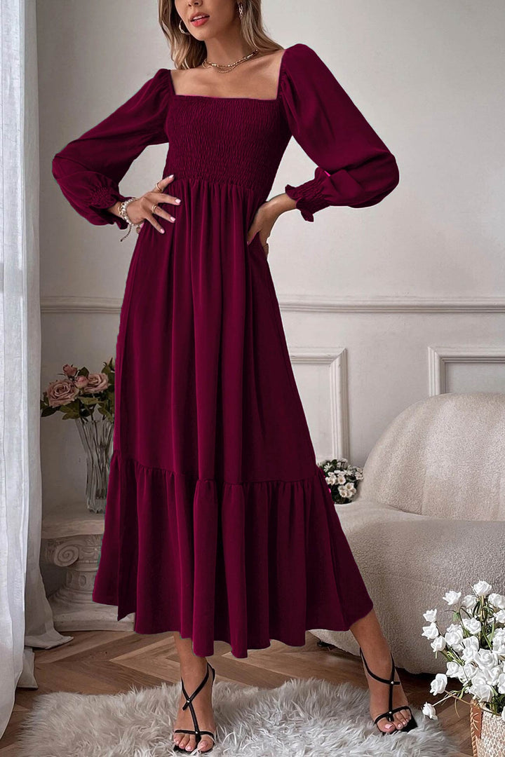 Puff Sleeve Smocked Ruffle Midi Dress Green · S