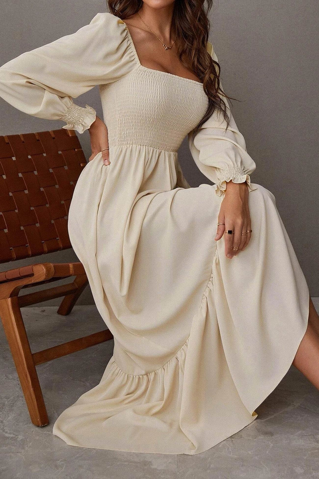 Puff Sleeve Smocked Ruffle Midi Dress Beige · M