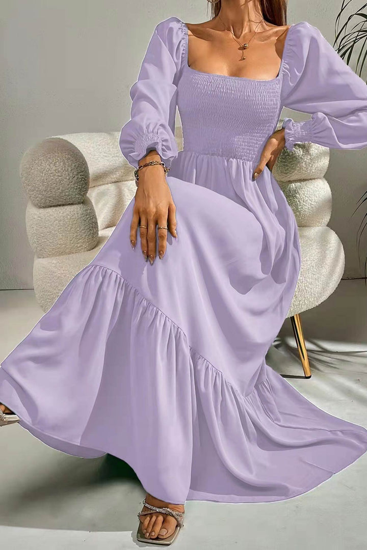 Puff Sleeve Smocked Ruffle Midi Dress Purple · S