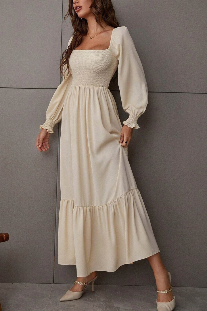 Puff Sleeve Smocked Ruffle Midi Dress Beige · XS