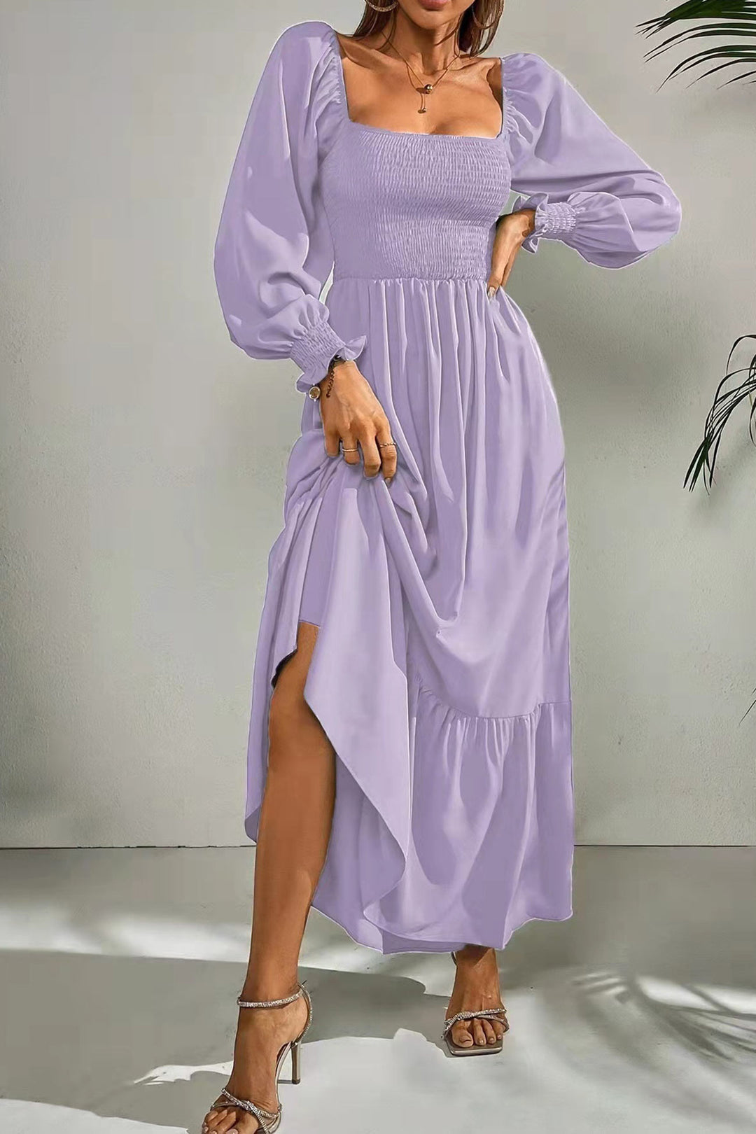 Puff Sleeve Smocked Ruffle Midi Dress Beige · 3XL