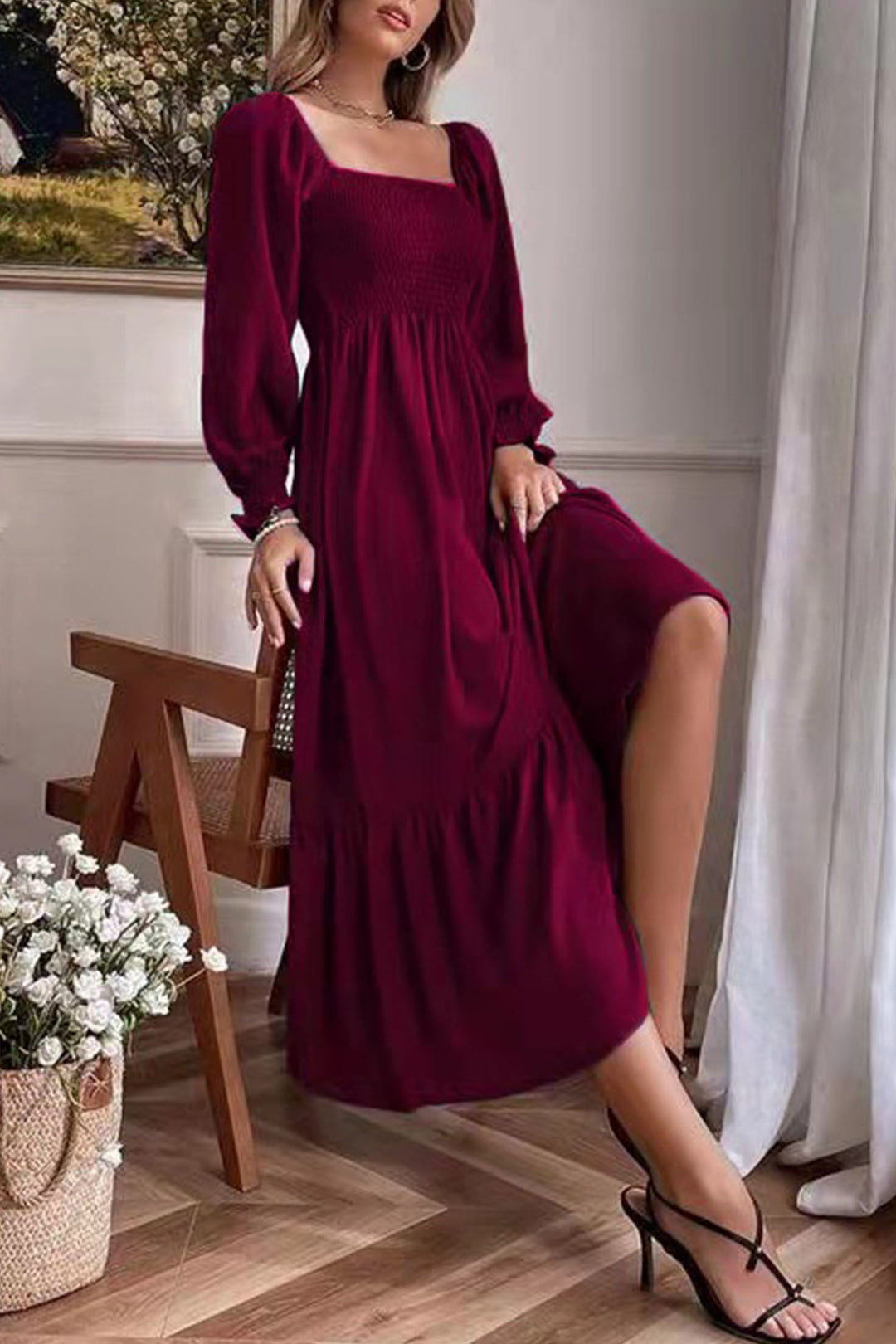 Puff Sleeve Smocked Ruffle Midi Dress Green · M