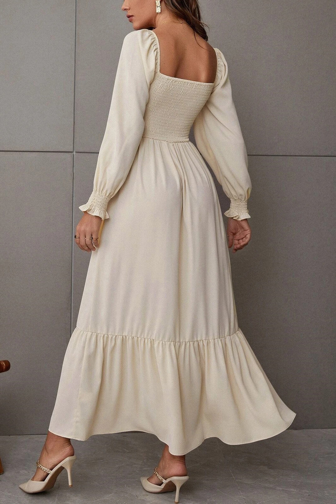 Puff Sleeve Smocked Ruffle Midi Dress Beige · L