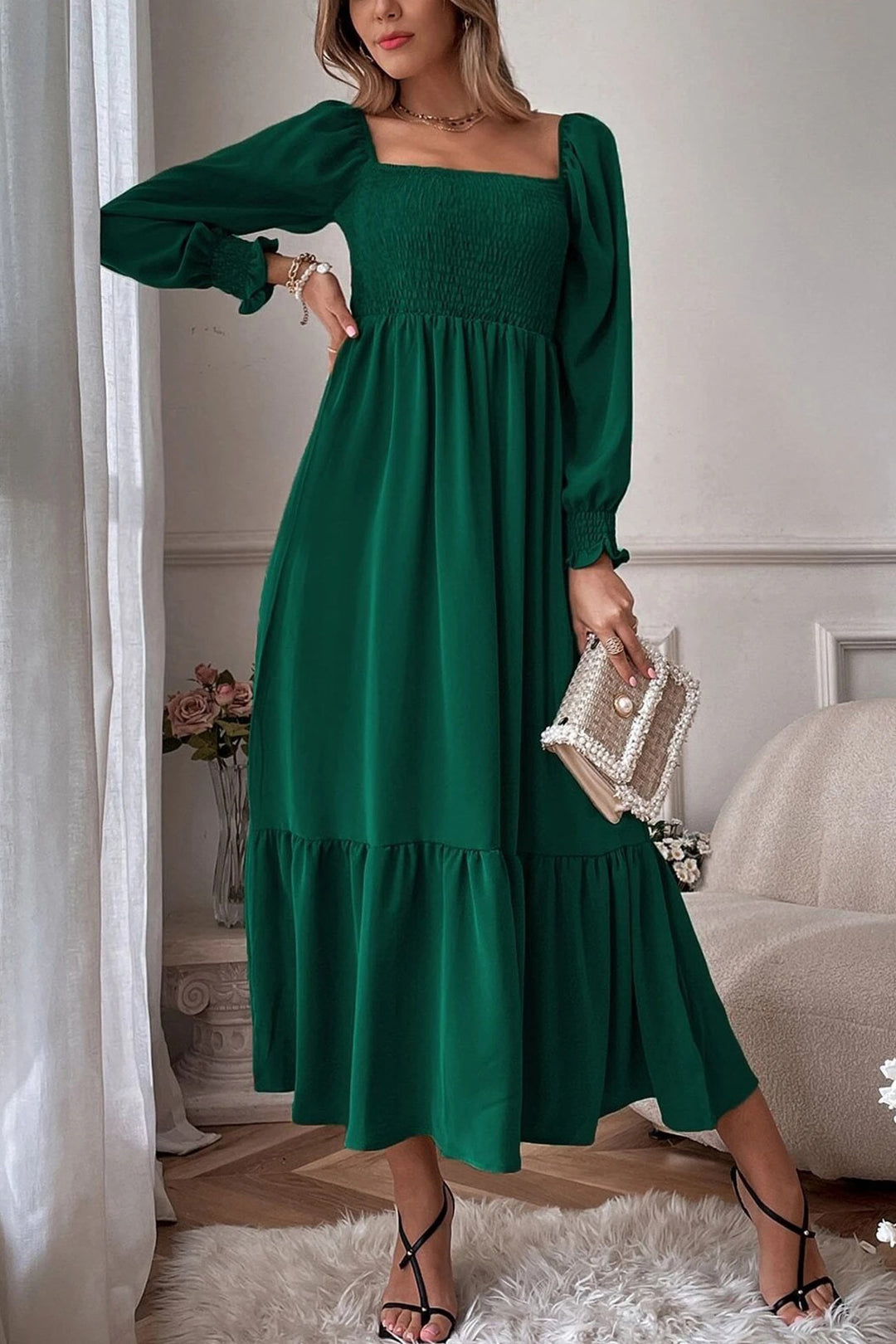 Puff Sleeve Smocked Ruffle Midi Dress Black · XL