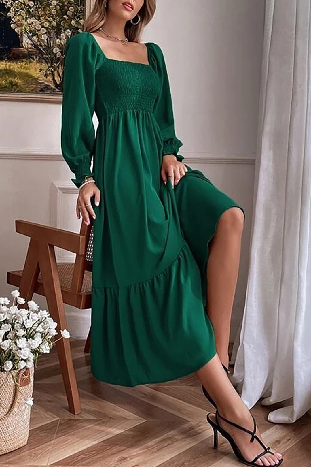 Puff Sleeve Smocked Ruffle Midi Dress Black · 2XL