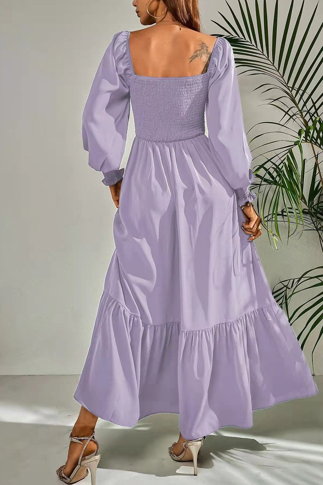 Puff Sleeve Smocked Ruffle Midi Dress Beige · 4XL